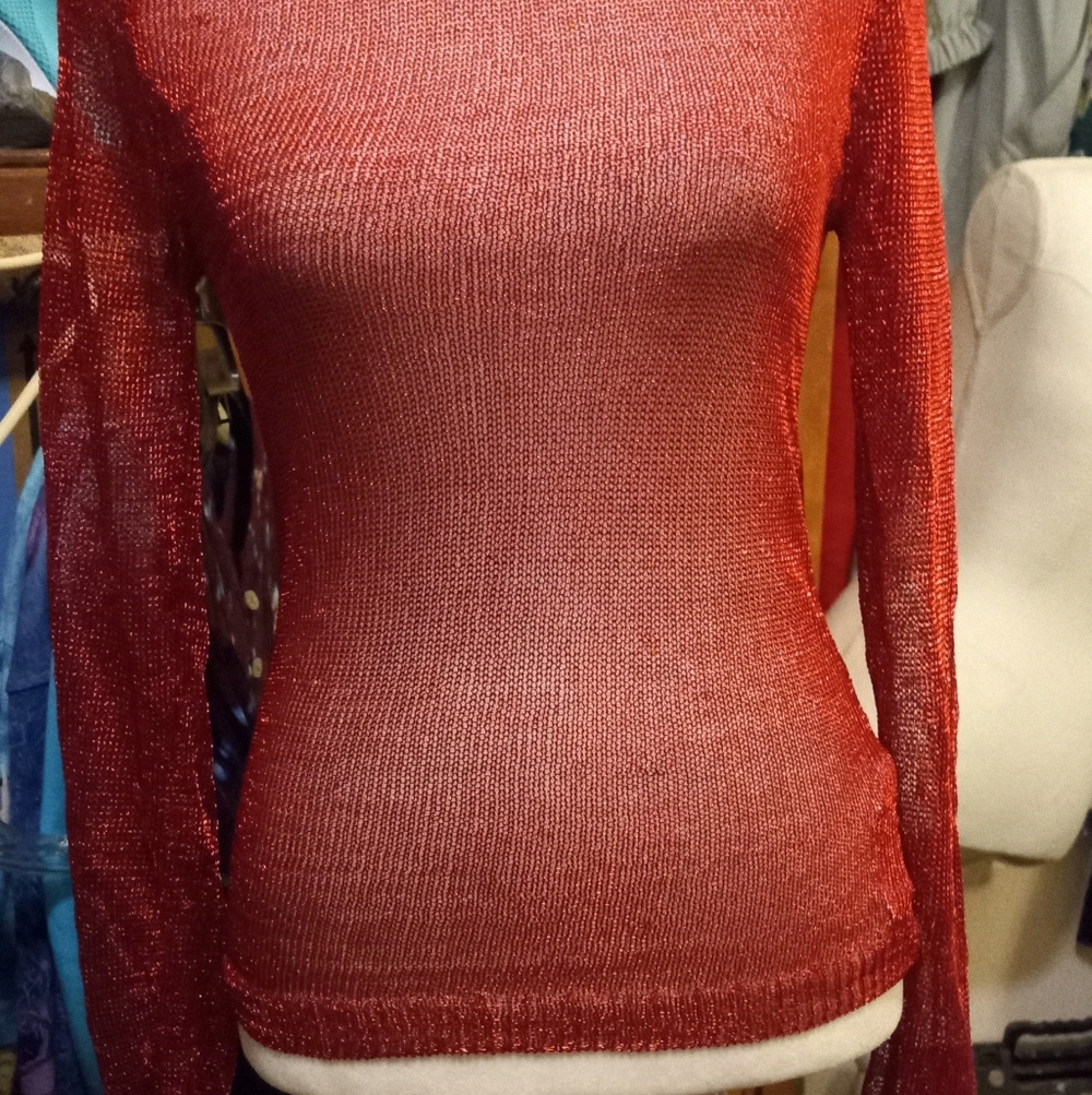 New,tag,red sheer glitter mesh metallic turtleneck l/s sweater top size medium. - Picture 10 of 14